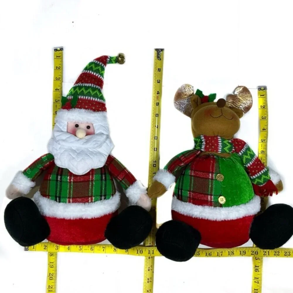 Santa and Reindeer Plush Gnomes Shelf Sitter Christmas Holiday Set Tartan Plaid